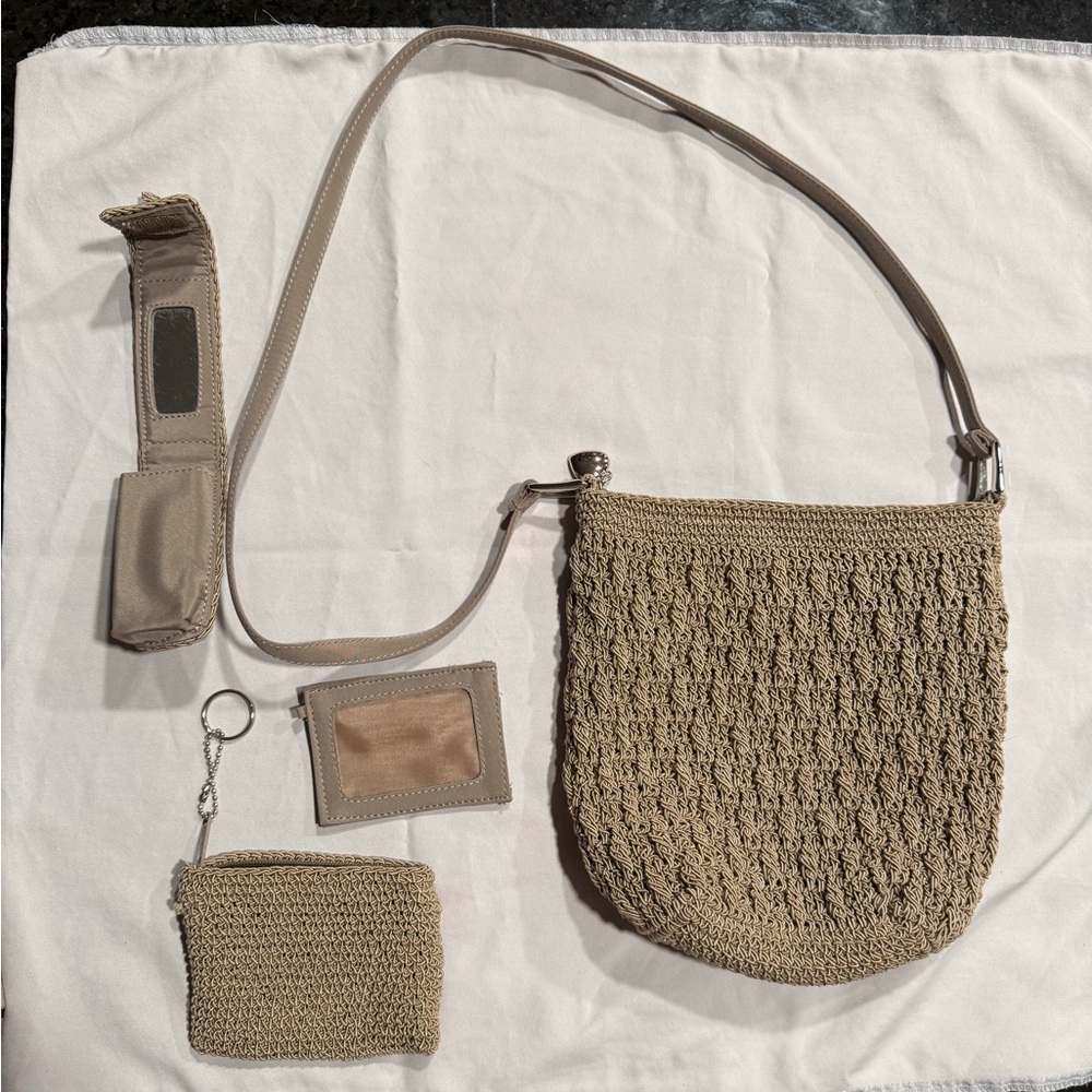Chic Tan Crochet Crossbody Bag Set NWOT